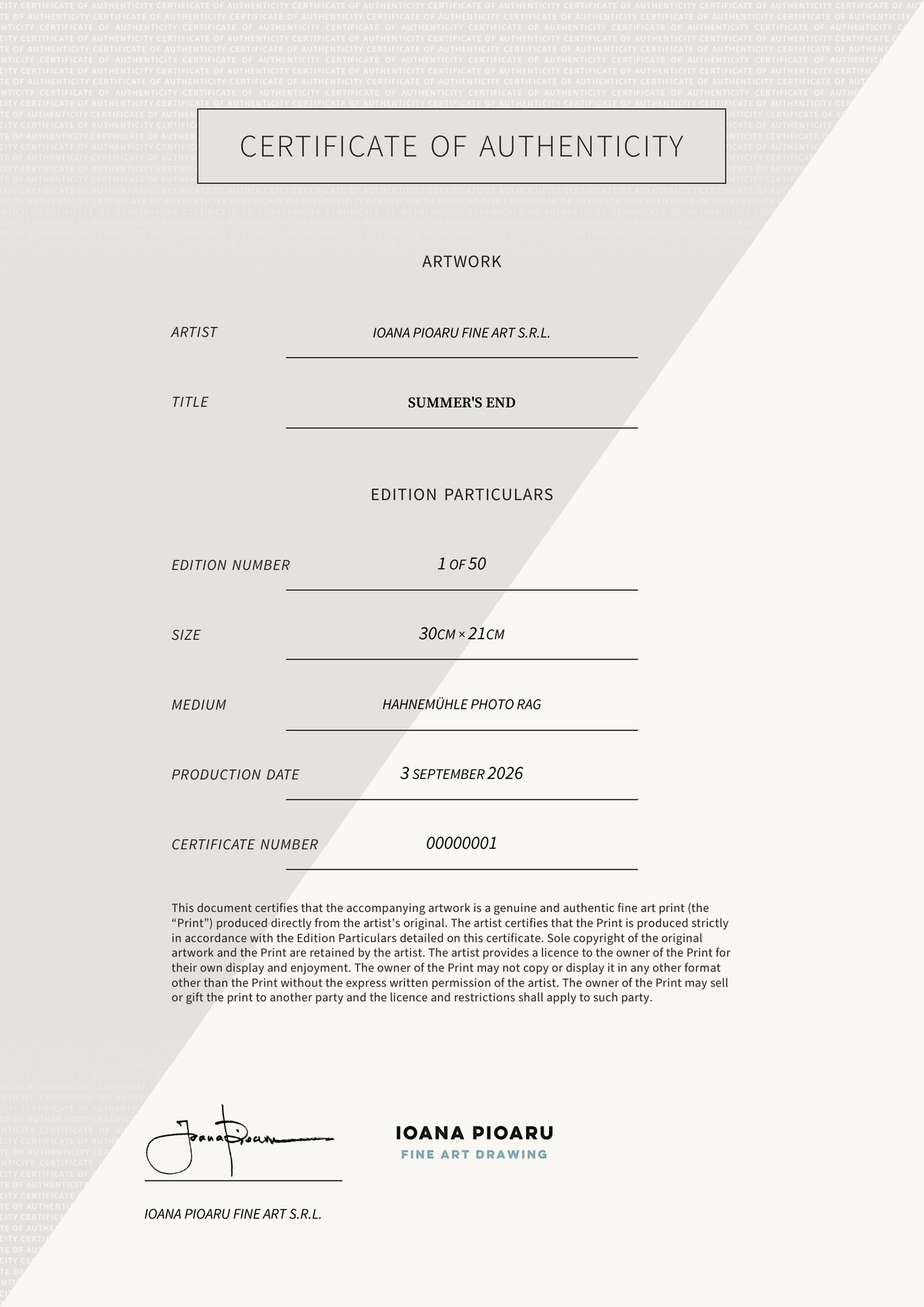 Summer's End — Certificate of Authenticity